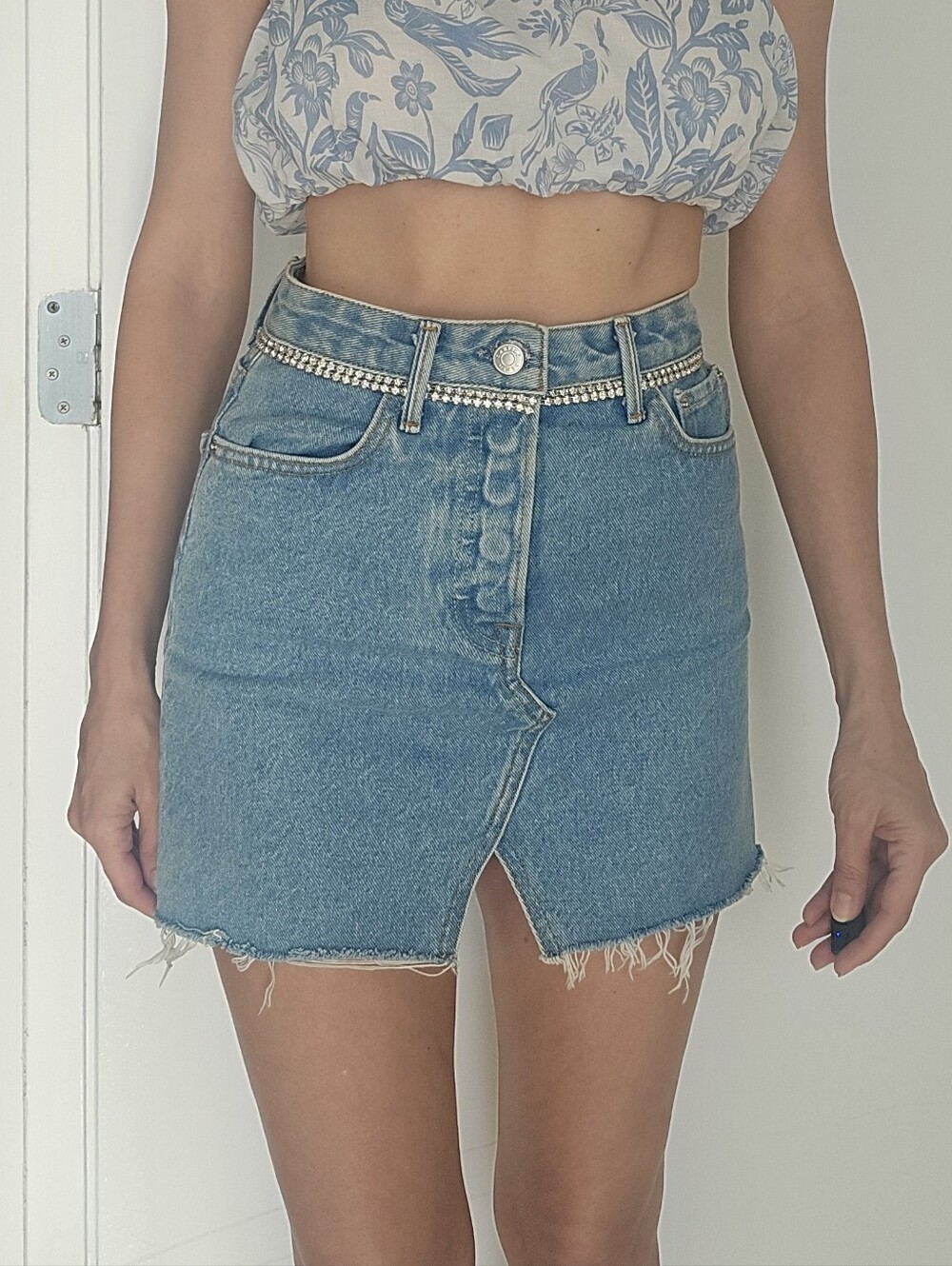 GRLFRND Washed Blue Denim Mini Skirt with Rhinestone Waist Chain - Picture 9 of 9